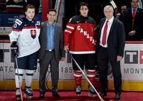 MONTREAL, CANADA - DECEMBER 26: Slovakia's Martin Reway #10 and Canada's Robby Fabbri #29 are named Players of the Game during preliminary round action at the 2015 IIHF World Junior Championship. (Photo by Richard Wolowicz/HHOF-IIHF Images)

